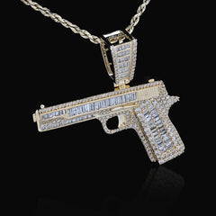 10k Yellow Gold 4.5CTW Natural Round/Baguette 12.3g Diamond Hand Gun Pendant