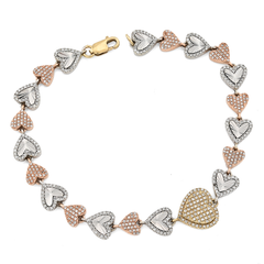 10k Three-Tone Gold 11.7g 2CTW Natural Diamond Heart Shape Womens 7Inch Bracelet