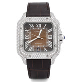 Cartier Santos 40MM 4.5CTW Natural Diamond Leather Strap Ombre Brown Face Watch
