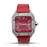 Mens Cartier Santos 40MM Red Face and Leather Band 6CTW Natural Diamond Watch