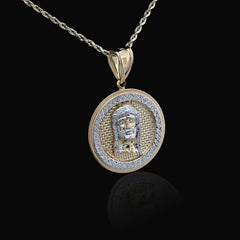 10k Yellow/White Gold Jesus Head Diamond Cut Round Pendant 5.2g Religious Charm