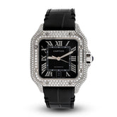Cartier Santos 40MM 4.5CTW Natural Diamond Black Leather Strap Band Black Face Watch