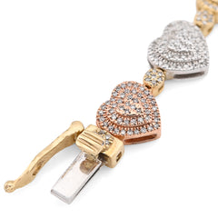 6.5MM 10k 3-Tone Gold 13.6g 1.15CTW Natural Diamond Heart Shaped Womens Bracelet
