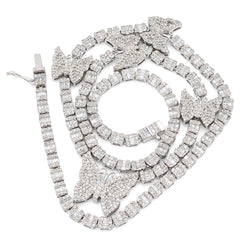 3.5MM 10k White Gold 5.48CTW Round/Baguette Diamond 26.5g Butterfly Tennis Chain