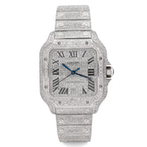 Cartier Santos All White 40MM 12CTW Natural Diamond Bussdown ICED Mens Watch
