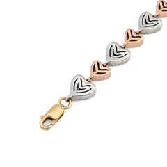 10k Three-Tone Gold 11.7g 2CTW Natural Diamond Heart Shape Womens 7Inch Bracelet