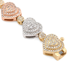 6.5MM 10k 3-Tone Gold 13.6g 1.15CTW Natural Diamond Heart Shaped Womens Bracelet
