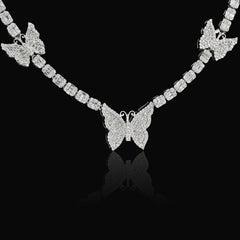 3.5MM 10k White Gold 5.48CTW Round/Baguette Diamond 26.5g Butterfly Tennis Chain