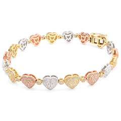 6.5MM 10k 3-Tone Gold 13.6g 1.15CTW Natural Diamond Heart Shaped Womens Bracelet