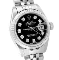 Original 26MM Rolex Datejust SS Fluted Bezel Jubilee Diamond Black Face Watch