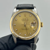Rolex Datejust Champagne Diamond Factory Dial on Generic Black Leather Band Ref. 16233 1991