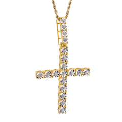 925 Sterling Silver 7.8gms 0.6 CTW Real Diamond Solitaire Yellow Cross Pendant Illusion Charm