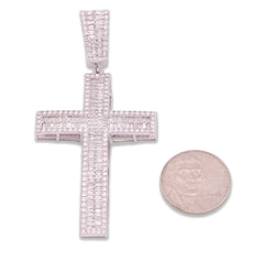 ICED 10k White Gold 11.6g 3.5CTW Real Round/Baguette Diamond Cross Pendant Charm