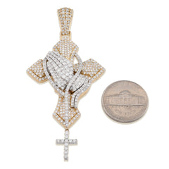 10k 2-Tone Gold 21.7g 4.8CTW Lab Grown Diamond Praying Hand Cross Dangle Pendant