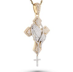 10k 2-Tone Gold 21.7g 4.8CTW Lab Grown Diamond Praying Hand Cross Dangle Pendant