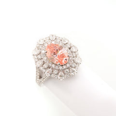 14k White Gold 6.3CTW Lab Diamond Pink Solitaire W/ Tear Small Stones 5g Ring