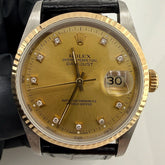 Rolex Datejust Champagne Diamond Factory Dial on Generic Black Leather Band Ref. 16233G 1993