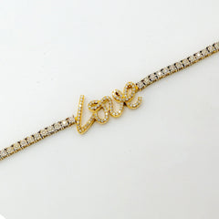 3MM 10k Yellow Gold 2 CTW Diamond "Love" Plate Tennis Chain 18" Women Necklace