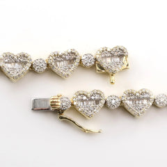 18" Women 7MM 10k Yellow Gold Heart Necklace 6.1CTW Round/Baguette Diamond Chain