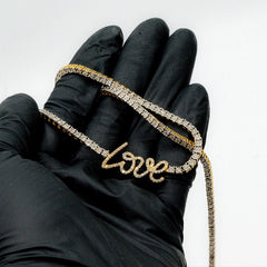 3MM 10k Yellow Gold 2 CTW Diamond "Love" Plate Tennis Chain 18" Women Necklace