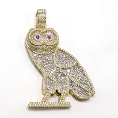 10k Yellow Gold 6.5CTW Ruby Eye Owl Pendant 4 Row Diamond Bail Pendant 23g Charm