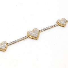 3MM 10k Yellow Gold 2.85CT Diamond 3 Graduating 16MM Heart 7.5" Tennis Bracelet