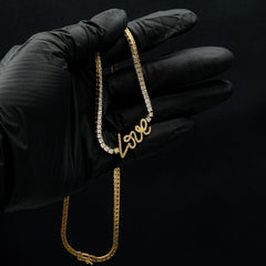 3MM 10k Yellow Gold 2 CTW Diamond "Love" Plate Tennis Chain 18" Women Necklace