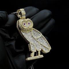 10k Yellow Gold 6.5CTW Ruby Eye Owl Pendant 4 Row Diamond Bail Pendant 23g Charm