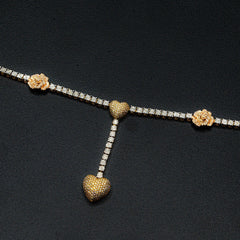 3MM 10k Yellow/Rose Gold 5 CTW Diamond Tennis Heart & Rose Necklace 20" Chain