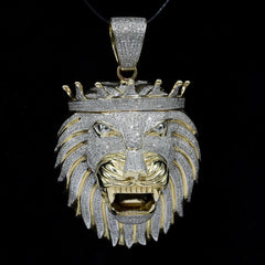10k Yellow Gold 4 CTW Diamond 3D Lion Head with Crown Pendant 40.64g Men Charm