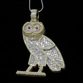 10k Yellow Gold 6.5CTW Ruby Eye Owl Pendant 4 Row Diamond Bail Pendant 23g Charm