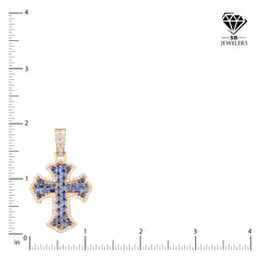 10k Yellow Gold Cross With Blue Lab Diamonds Round/Baguette Pendant 11.1g Charm