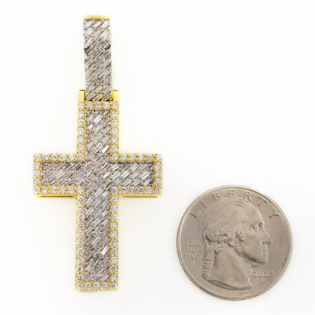 25MM 10k Yellow Gold 2.17CTW Lab Grown Baguette Diamond 10.4g Layer Cross Charm
