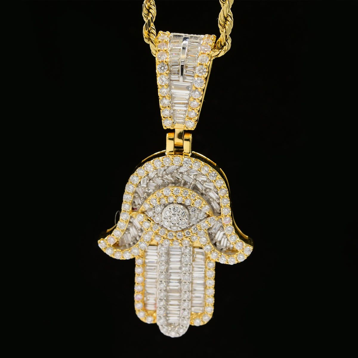 24MM 10k Yellow Gold 2.35CTW Lab Grown Baguette Diamond 11.4g Hamsa Hand Charm