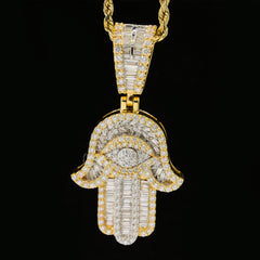24MM 10k Yellow Gold 2.35CTW Lab Grown Baguette Diamond 11.4g Hamsa Hand Charm