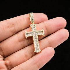 18MM 10k Yellow Gold 1CTW Lab Grown Baguette Diamond 4g Double Layer Cross Charm