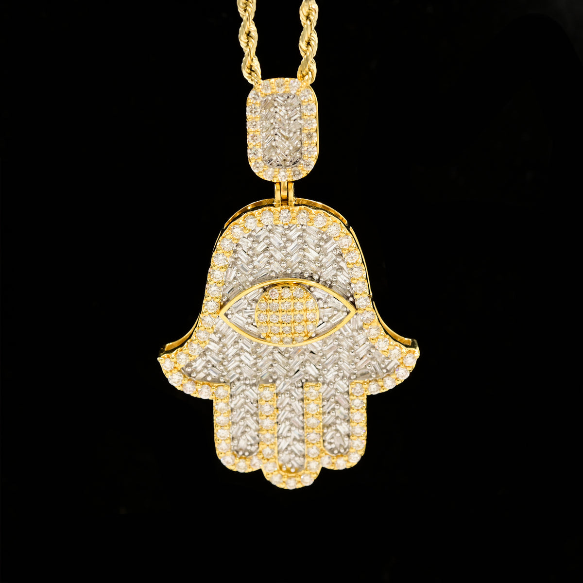 10k Yellow Gold 3.6CTW Round & Baguette Diamond Hamsa Hand Pendant 13.9g Charm