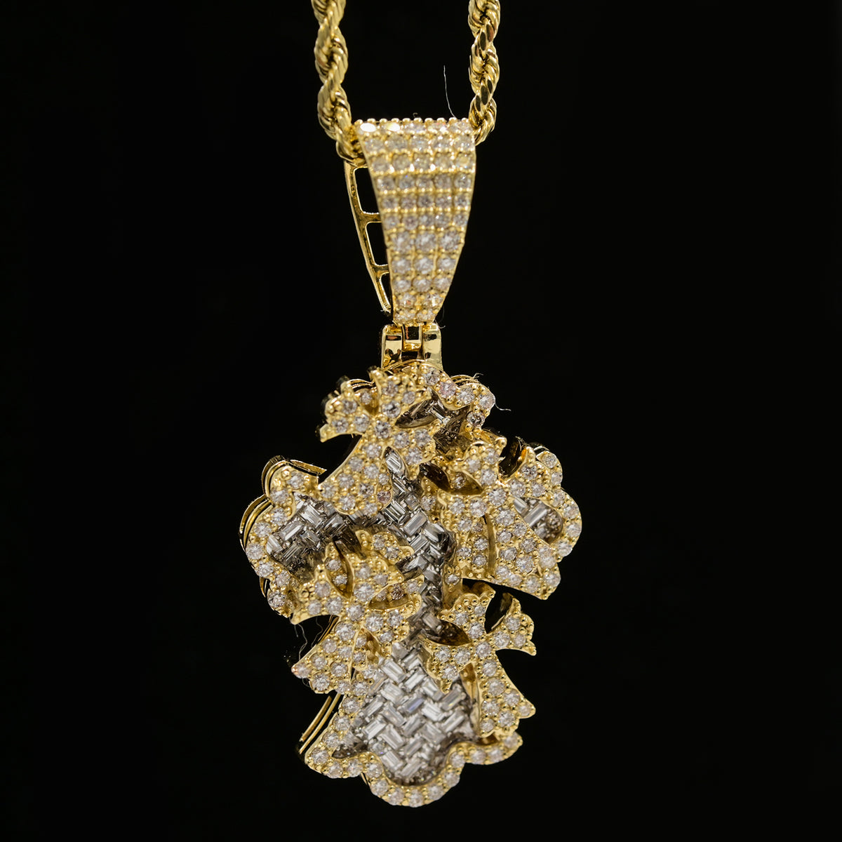 23MM 10k Yellow Gold 3CTW Lab Grown Baguette Diamond 9.7g Cross w/ 4 Cross Charm