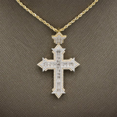 33MM 10k Yellow Gold 1.85CTW Lab Grown Baguette Diamond 8.9g Cross Pointer Charm