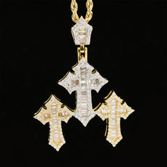 34MM 10k Yellow Gold 1.67CTW Lab Grown Baguette Diamond 10.5g Triple Cross Charm