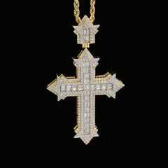 33MM 10k Yellow Gold 1.85CTW Lab Grown Baguette Diamond 8.9g Cross Pointer Charm