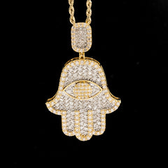10k Yellow Gold 3.6CTW Round & Baguette Diamond Hamsa Hand Pendant 13.9g Charm