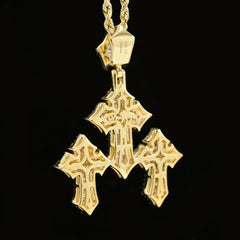 34MM 10k Yellow Gold 1.67CTW Lab Grown Baguette Diamond 10.5g Triple Cross Charm