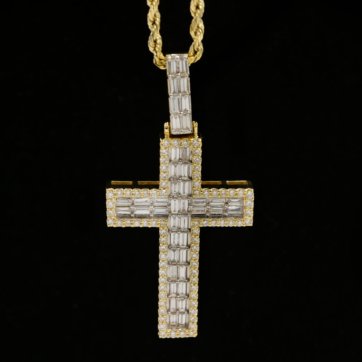 25MM 10k Yellow Gold 1.9CTW Lab Grown Baguette Diamond 8g 2 Layer Cross Charm