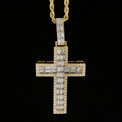 25MM 10k Yellow Gold 1.9CTW Lab Grown Baguette Diamond 8g 2 Layer Cross Charm