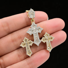 34MM 10k Yellow Gold 1.67CTW Lab Grown Baguette Diamond 10.5g Triple Cross Charm