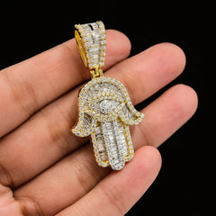24MM 10k Yellow Gold 2.35CTW Lab Grown Baguette Diamond 11.4g Hamsa Hand Charm