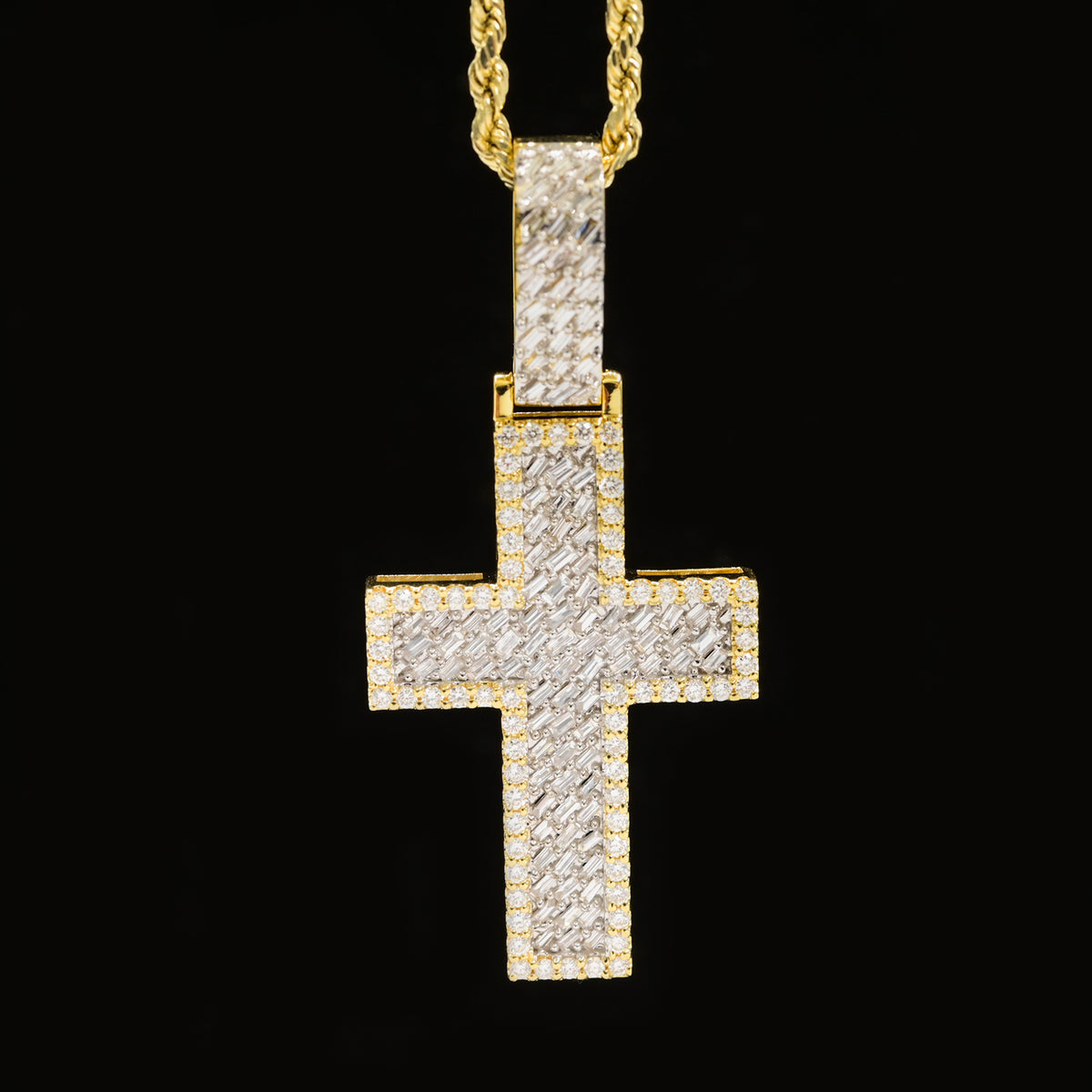 20MM 10k Yellow Gold 1.5CTW Lab Grown Baguette Diamond 6.5g 2 Layer Cross Charm