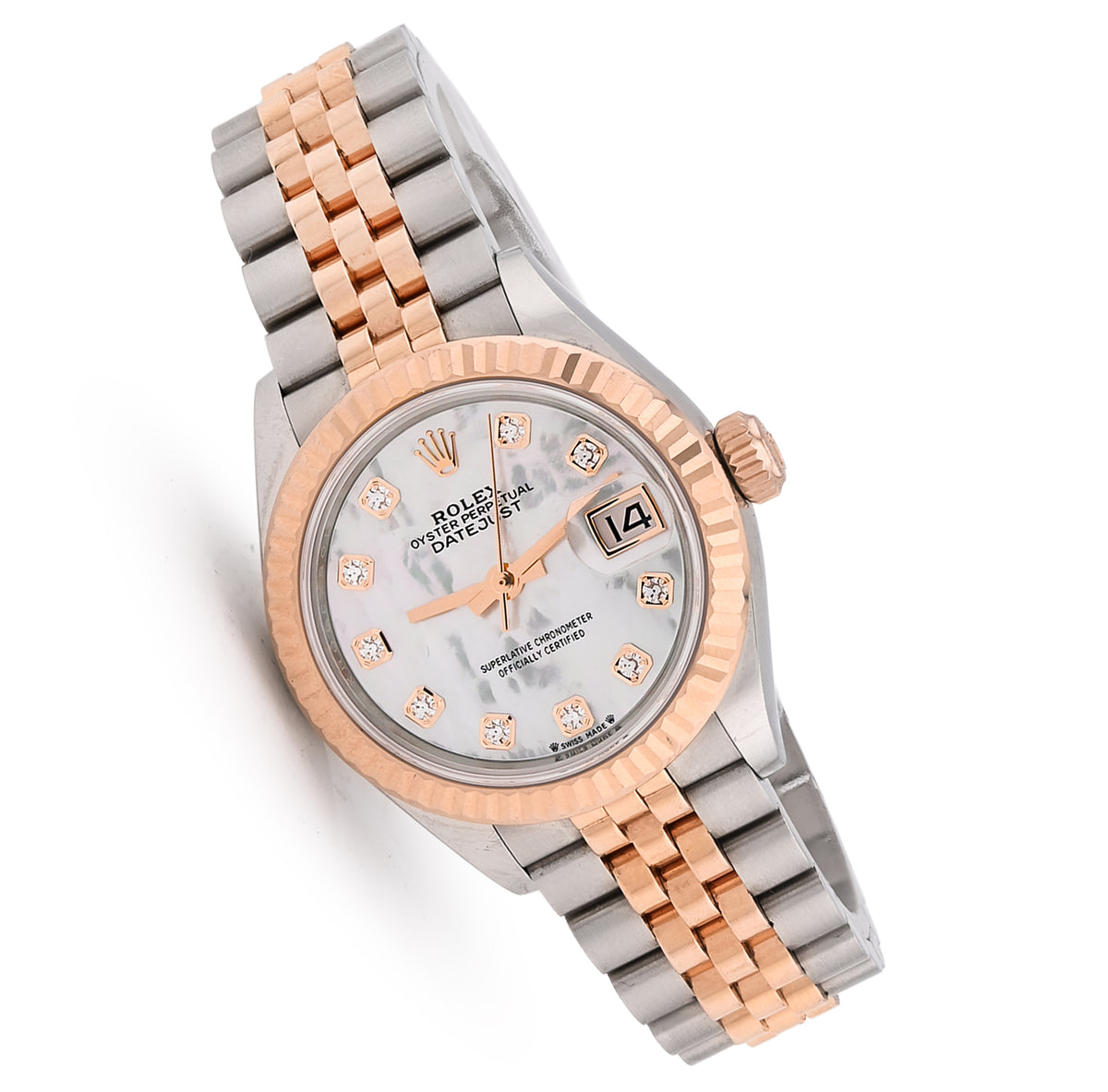 Rolex Datejust 28MM Everrose Gold MOP Face Diamond Dial Fluted Bezel 2 Tone Jubilee Band Watch