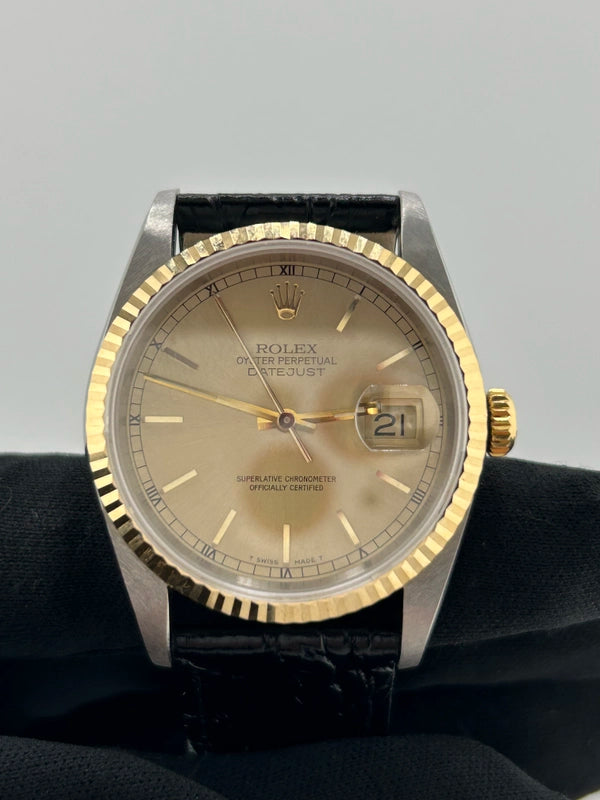 Rolex Datejust 36 Champagne Stick Dial on Generic Black Leather Strap Ref. 16233 1989